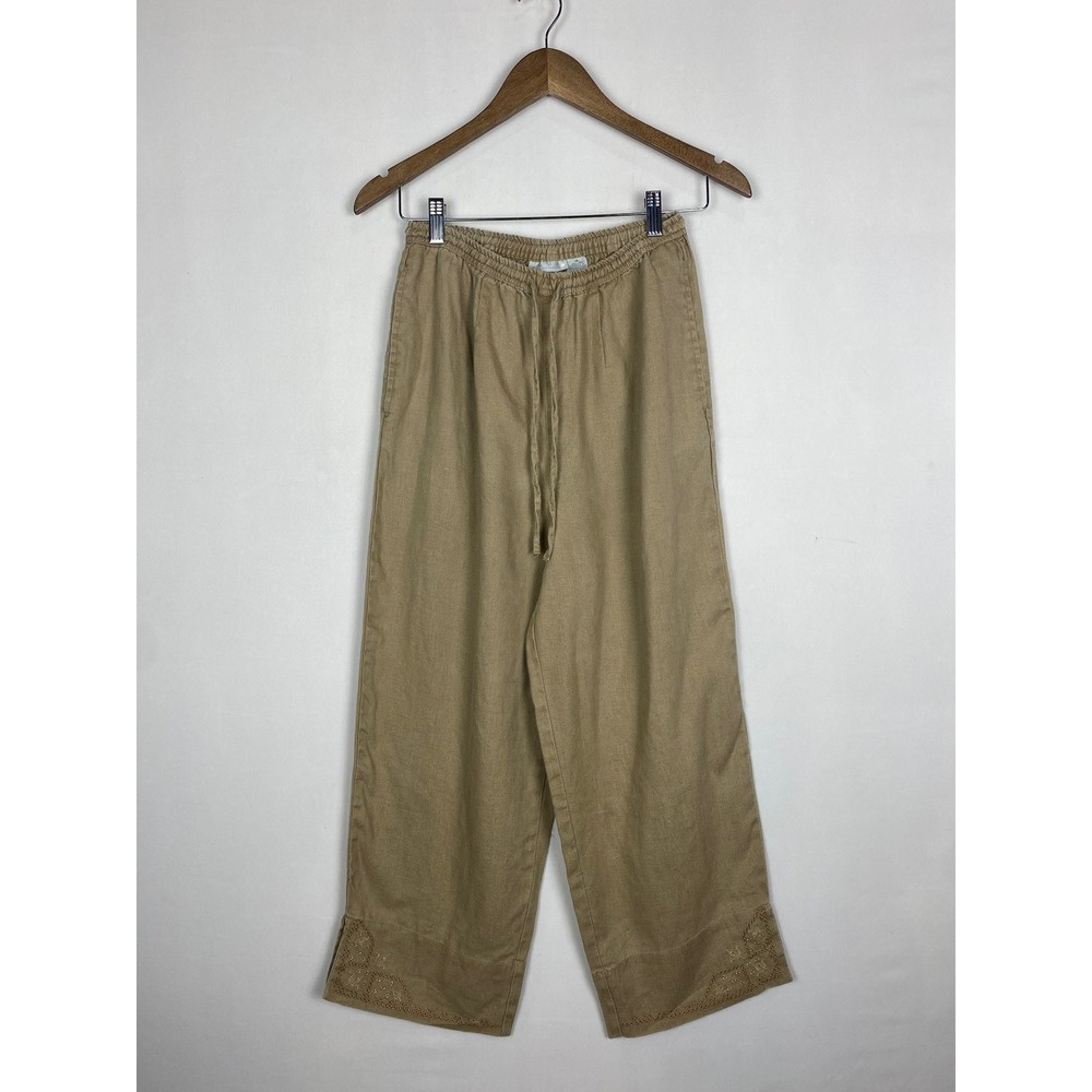 BHPC Beverly Hills Polo Club Womens Linen Wide Leg Pants Tan Embroidered M